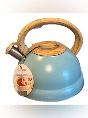 Tahari Home Stainless Steel Tea Kettle Turquoise 3.2 QT Ergonomic Handle NWT